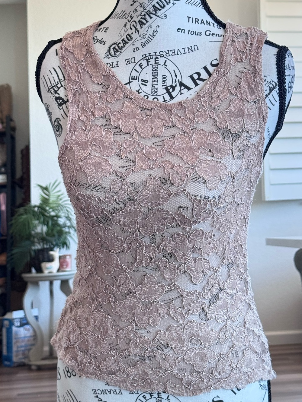Vintage Y2K Cacique Floral Lace Mesh Tank Top Sheer Sleeveless Stretch Size S - Picture 5 of 10